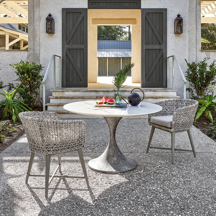 Bistro Set Woven Armchairs Stone Look Top Coastal Palette Beige Gray