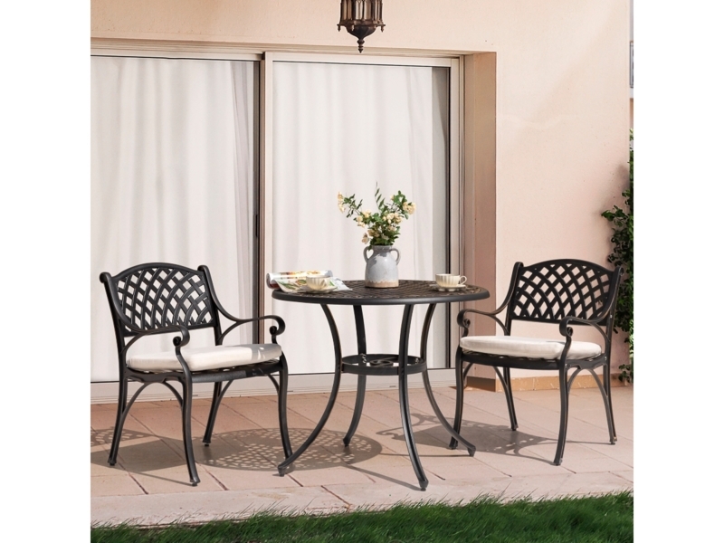 Bistro Set, Woven Rattan Back, Black Metal, High Contrast, Slat Top