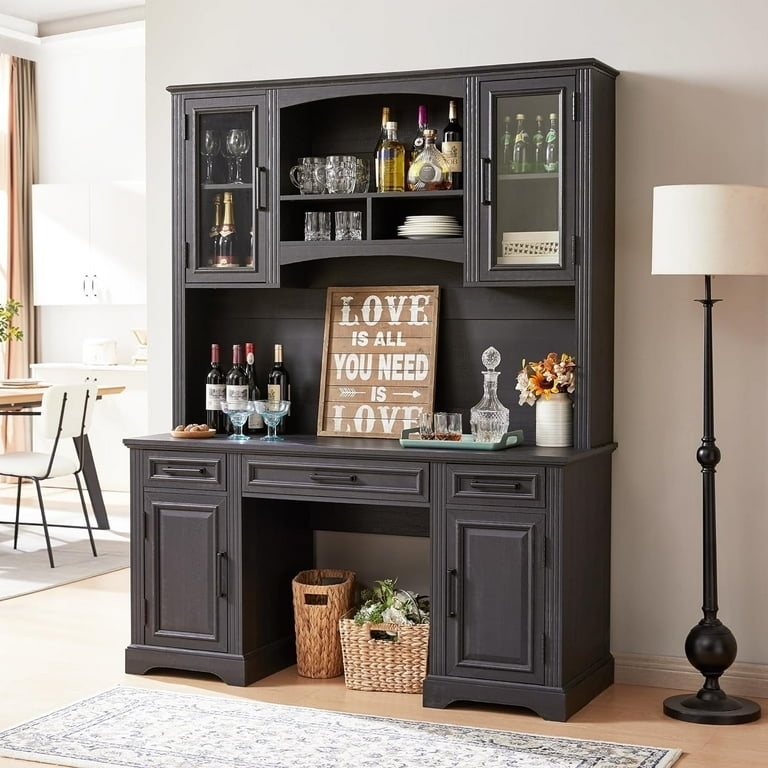 Black And Wood Bar Cabinet With Integrated Charging Station Hutch