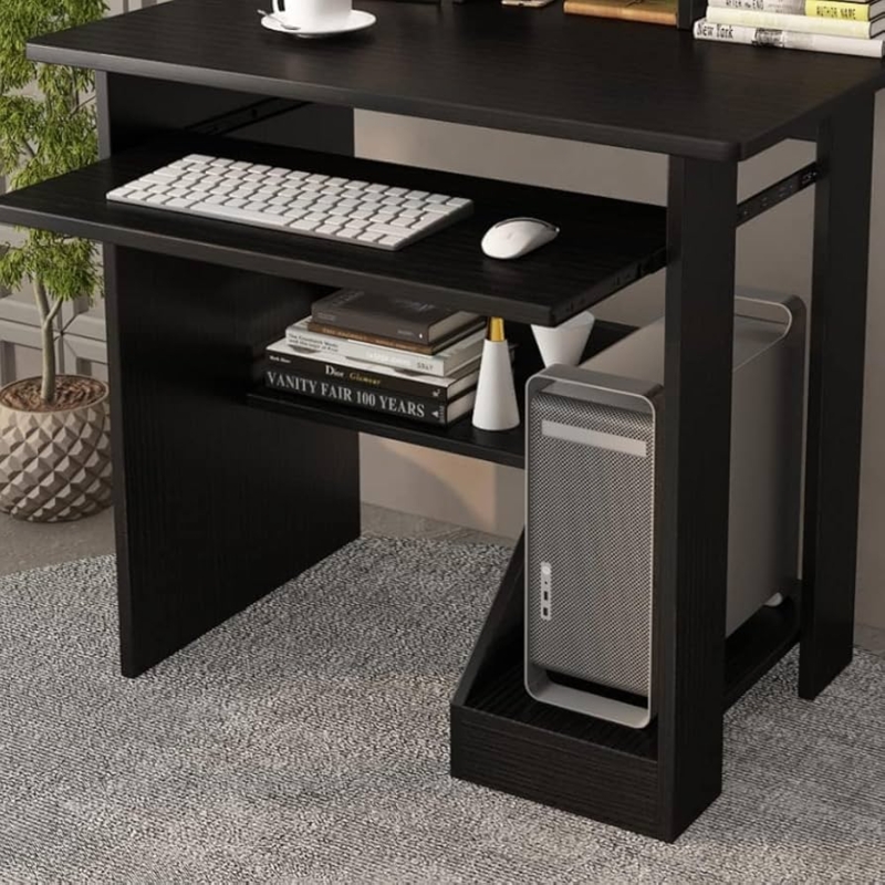 Black Computer Desk with Headphone Hook, Ergonomic Desk with Monitor Riser