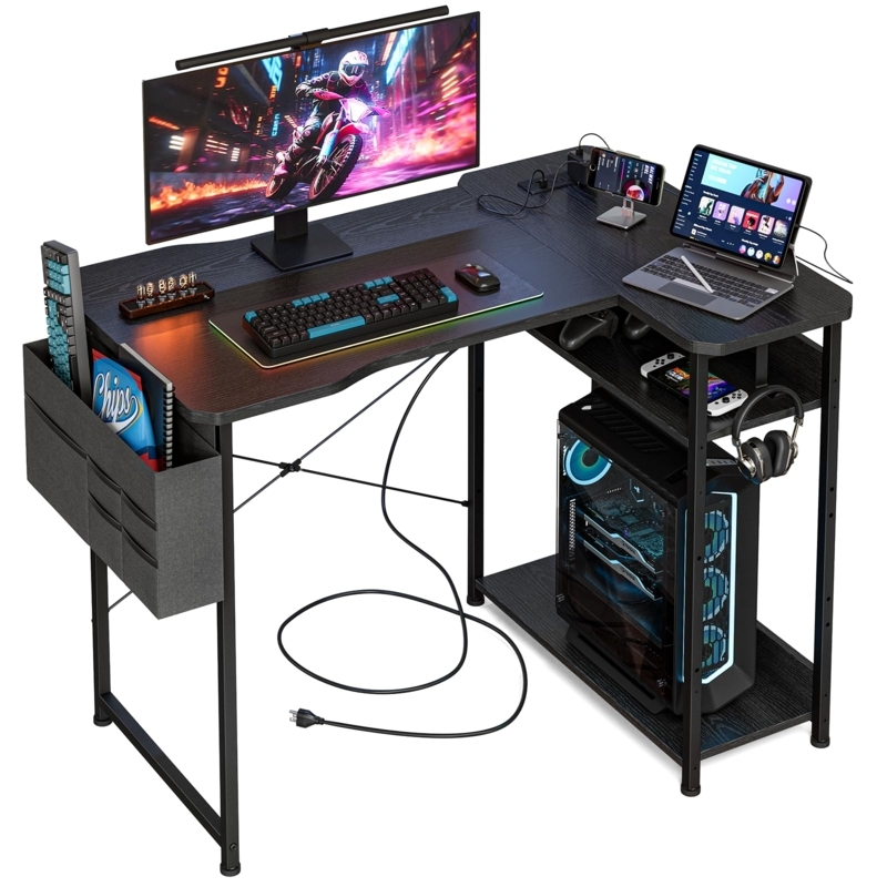 Black Gaming Computer Desk with K-Shaped Legs and Monitor Stand