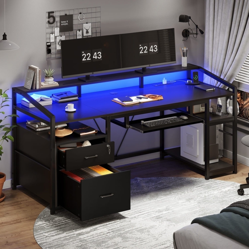 Black Gaming Desk with Dual Monitor Riser and RGB Lighting