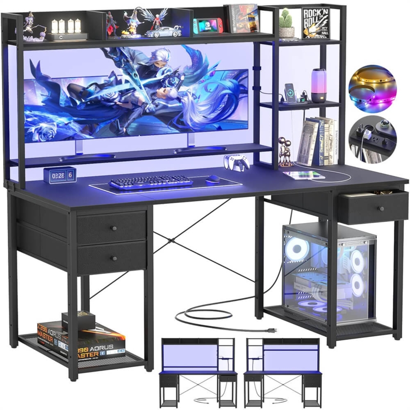 Black Gaming Desk with Red LED Strip and Fabric Drawers