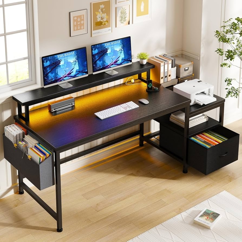 Black L-Shaped Computer Desk with Monitor Stand and Built-In Power Outlets