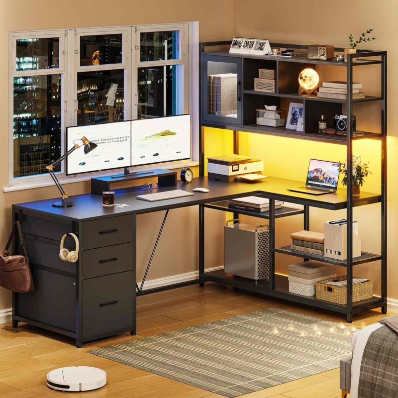 Black L-Shaped Gaming Desk with LED Lighting, Drawers & Headset Hook.