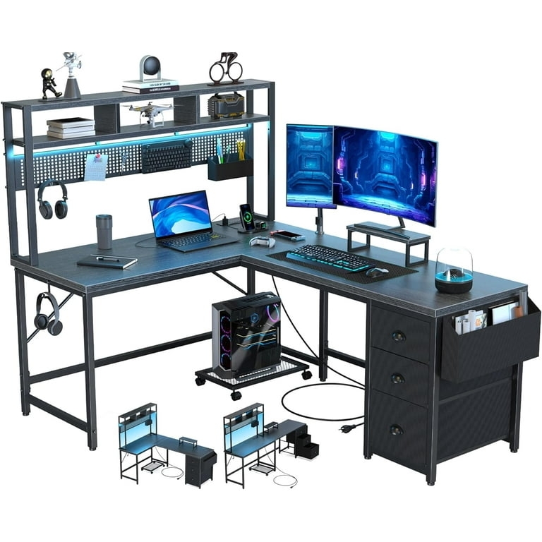 Black L-Shaped Gaming Desk with Pegboard and Blue LED Lights