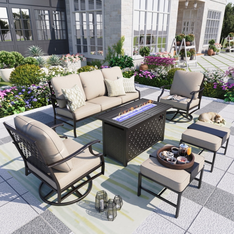Black Metal 7-Piece Patio Conversation Set with Dual Tables
