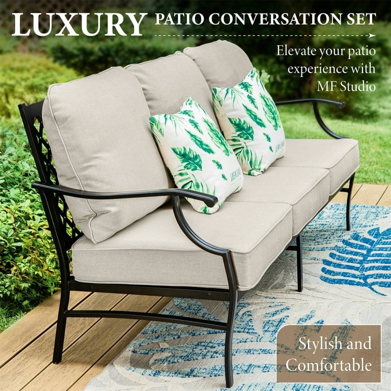 Black Metal L-Shaped Sectional Patio Set with Beige Cushions