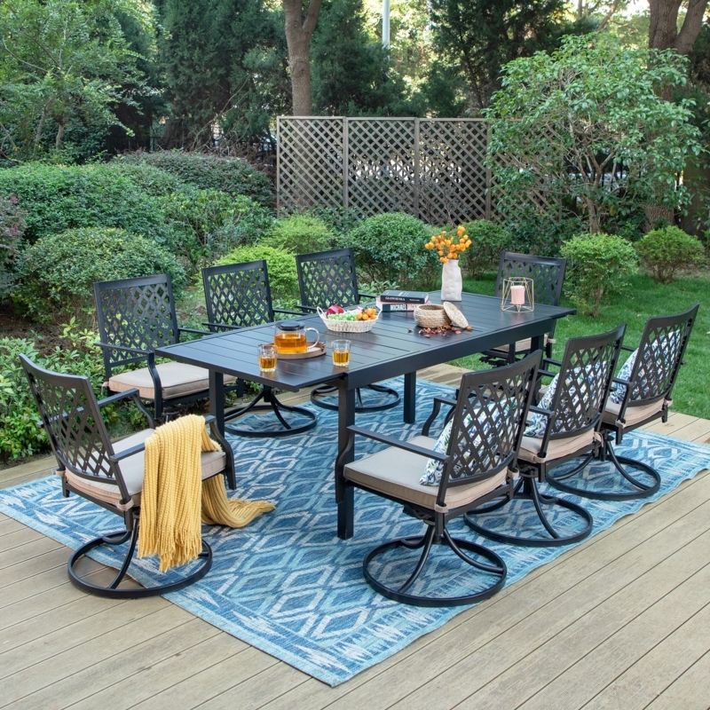 Black Metal Outdoor Dining Set Mesh Swivel Chairs Expandable Table