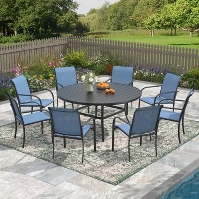 Black Metal Outdoor Dining Set, Round Slat Back Chairs, 8 Person.