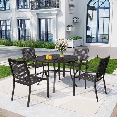 Black Metal Outdoor Dining Set with Mesh Seating and Slatted Table