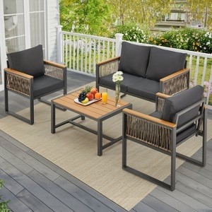 Black Metal Patio Conversation Set Woven Rattan Accents Light Grey