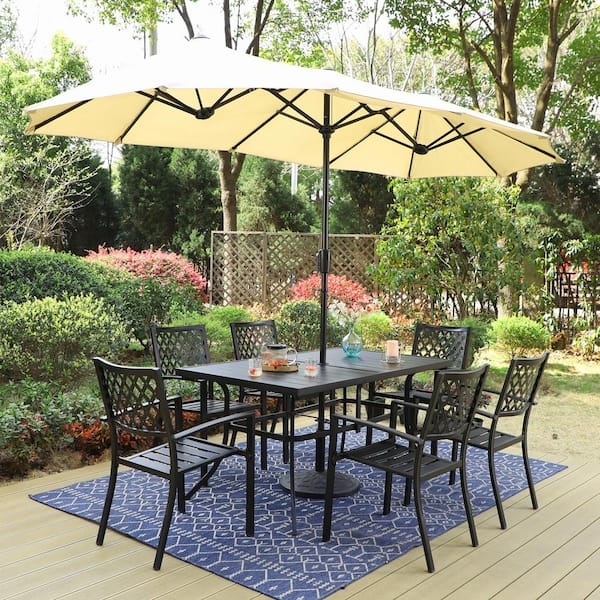 Black Metal Patio Dining Set: 8-Piece Slat Top Market Umbrella