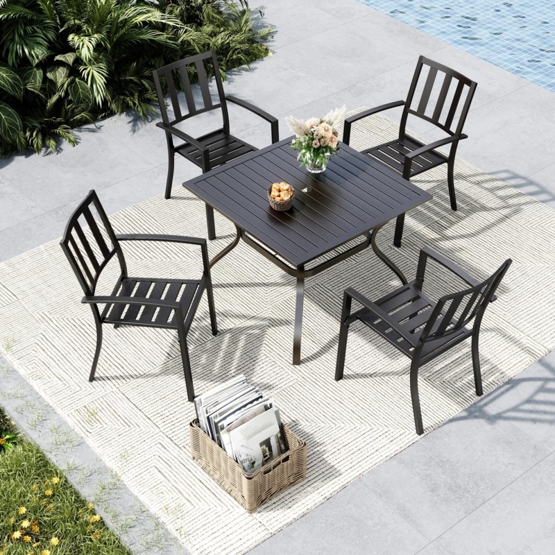 Black Metal Patio Dining Set: Lattice-Back Chairs, Slatted Top.