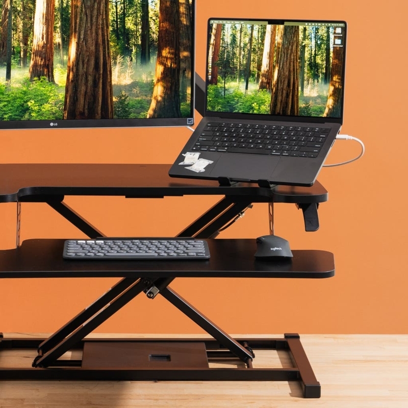 Black Metal Sit-Stand Riser, X-Frame Lifting Mechanism with Keyboard Tray