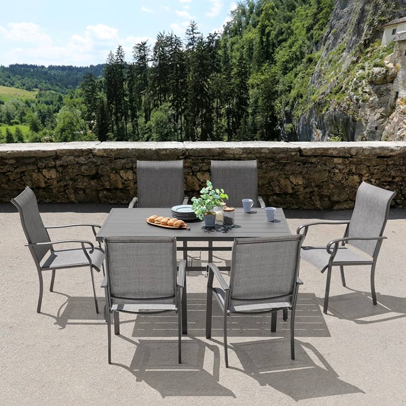 Black Patio Dining Set: 7-Piece Minimalist Metal Frame Straight Legs