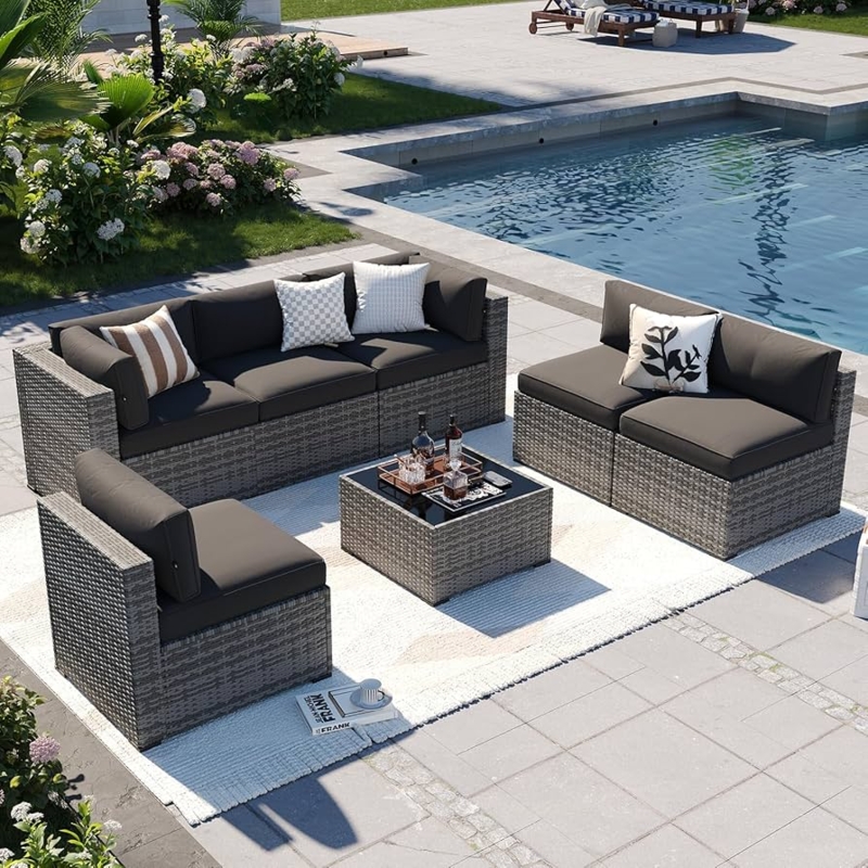 Black Wicker Modular Sectional Sofa with Gray Cushions