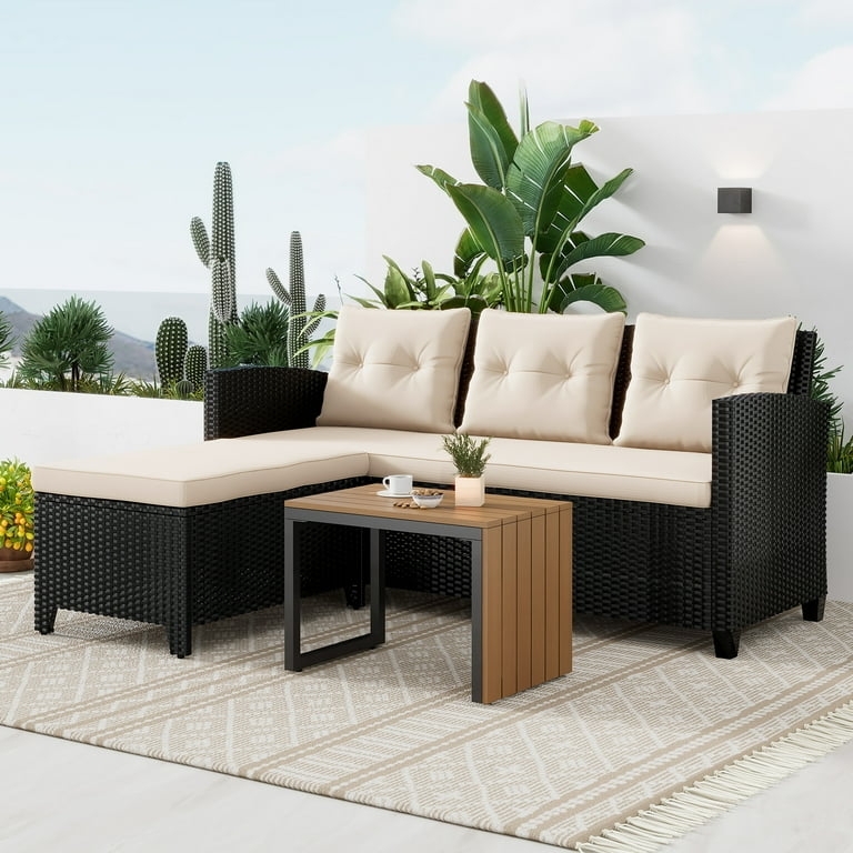 Black Wicker Sectional Sofa with Beige Cushions, Low Profile