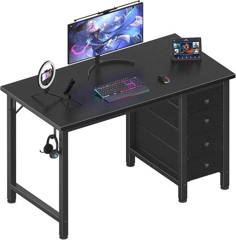 Black Writing Desk with Gold Drawer Pulls and X-Brace Base
