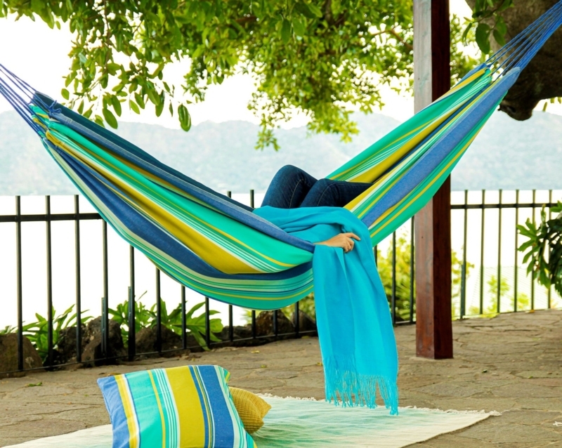 Blue and Green Striped Cotton Canvas Hammock for Backyard