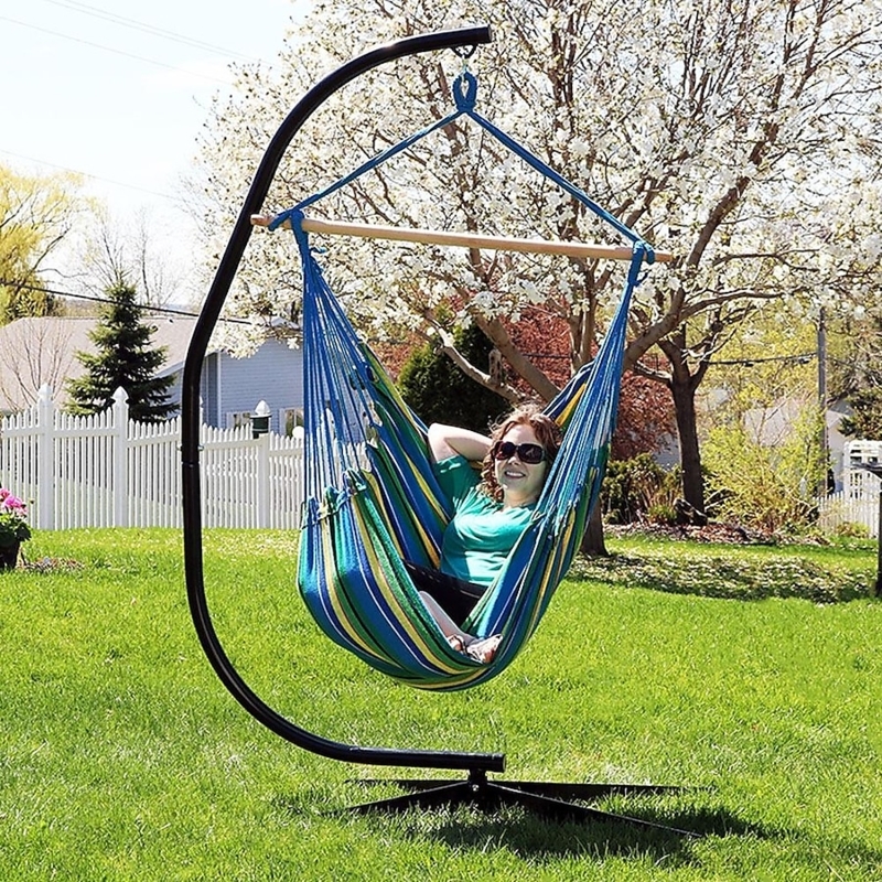 Blue and White Striped Hammock Chair with C-Frame Stand for Patio