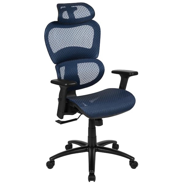 Blue Mesh Ergonomic Office Chair Pivot Arms Black Base Seating