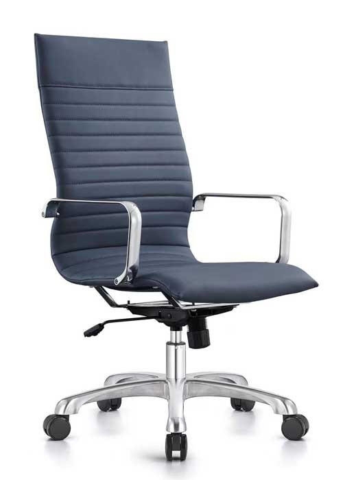 Blue Ribbed Leather Office Chair, Modern Chrome Base Design