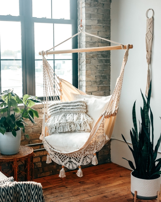 Bohemian Indoor Hammock Chair with Macrame Weave for Reading Nook