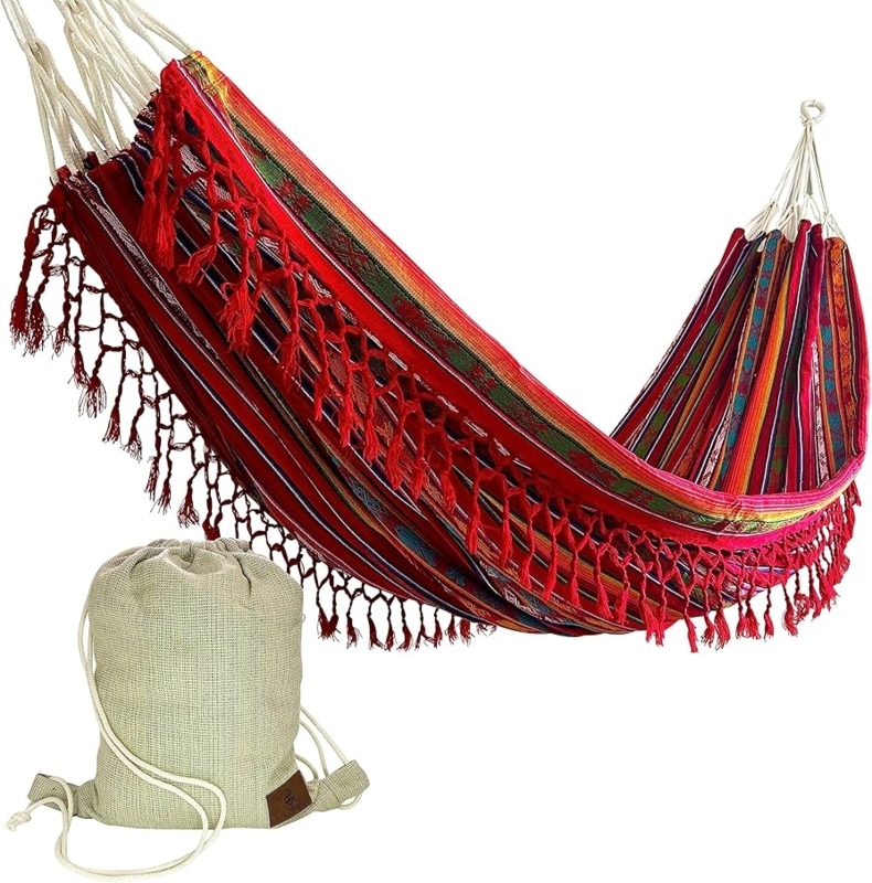 Bohemian Striped Hammock Red Multi-Color Tassels Spreader Bar Garden