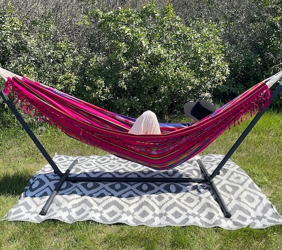 Bohemian Striped Hammock with Fringe and Wood Spreader Bars