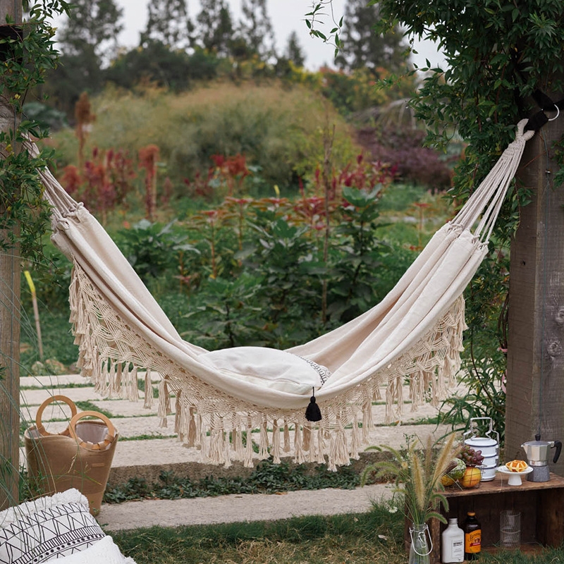 Bohemian Style Double Hammock with Woven Body and Macrame Fringe