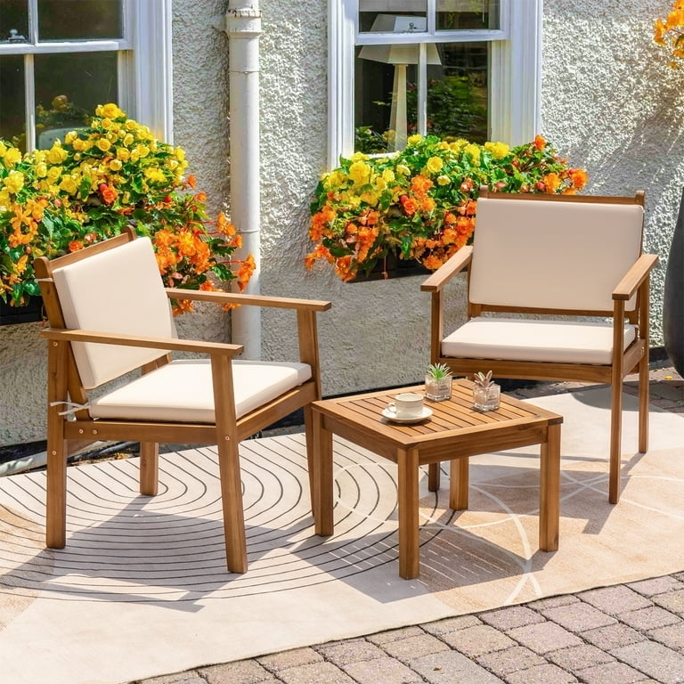 Bohemian Wood Patio Set with Cushions 3-Piece Balcony Seating Beige