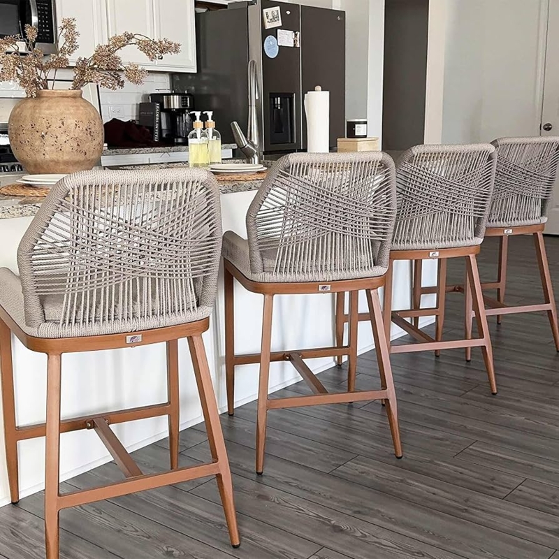 Boho Outdoor Bar Stool Seating, Rattan Like Weave, Black Metal Frame
