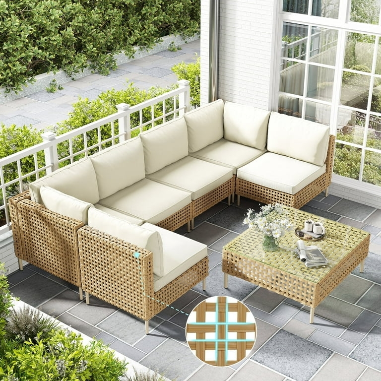 Boho Wicker Sectional Sofa with Modular Layout and Gray Cushions
