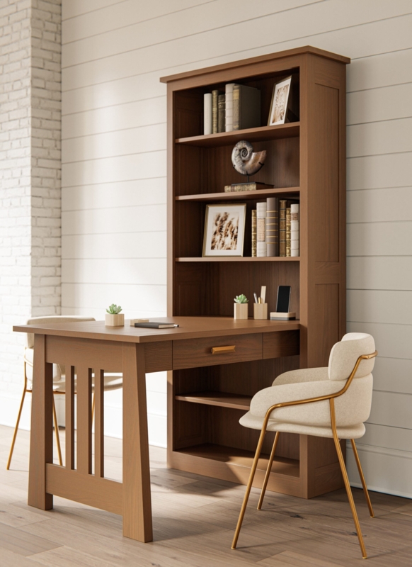 Bookcase Desk with L-Shaped Surface, Integrated Shelving