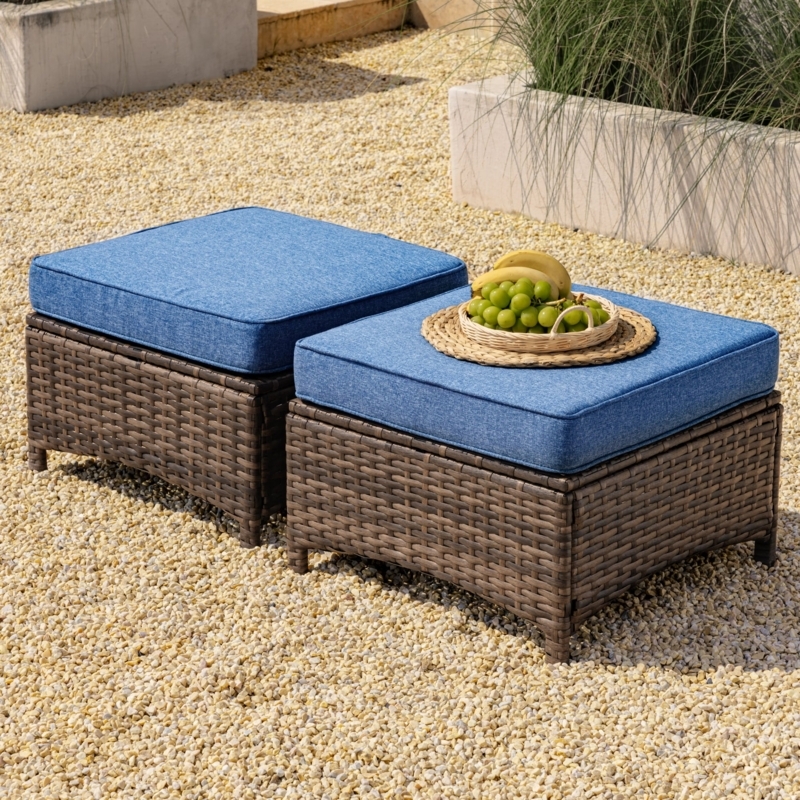 Boxy Silhouette Woven Wicker Patio Ottoman Set with Piped Grey Cushions
