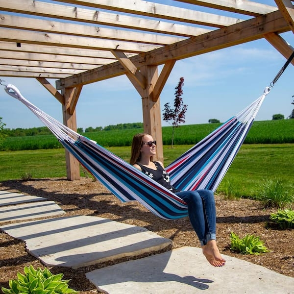 Brazilian Cotton Hammock Denim Blue Stripe Hand Woven Ropes Patio