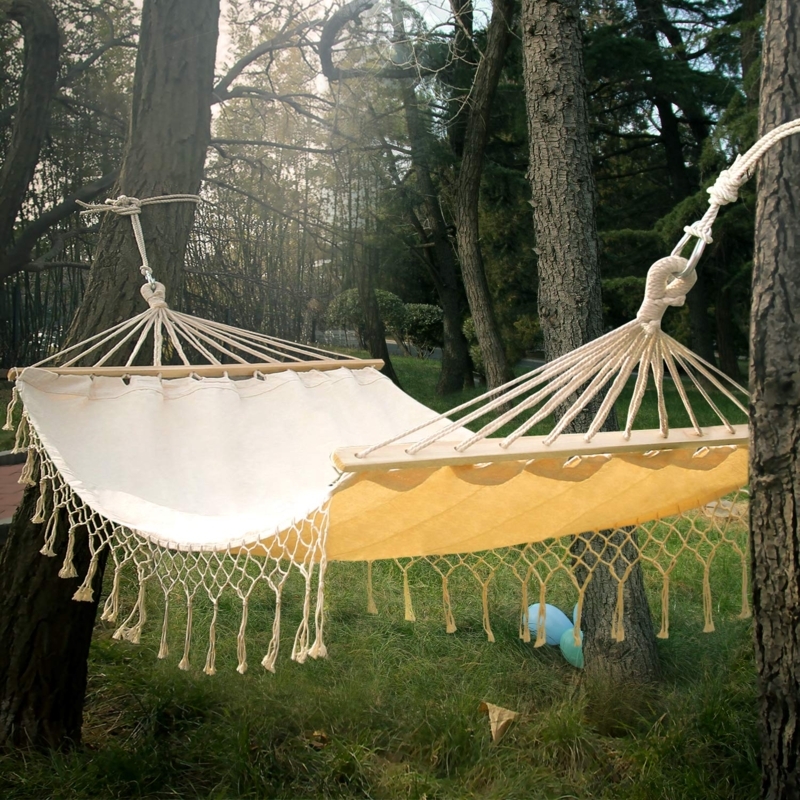 Brazilian Hammock Bed in White Canvas with Hand Woven Fringe