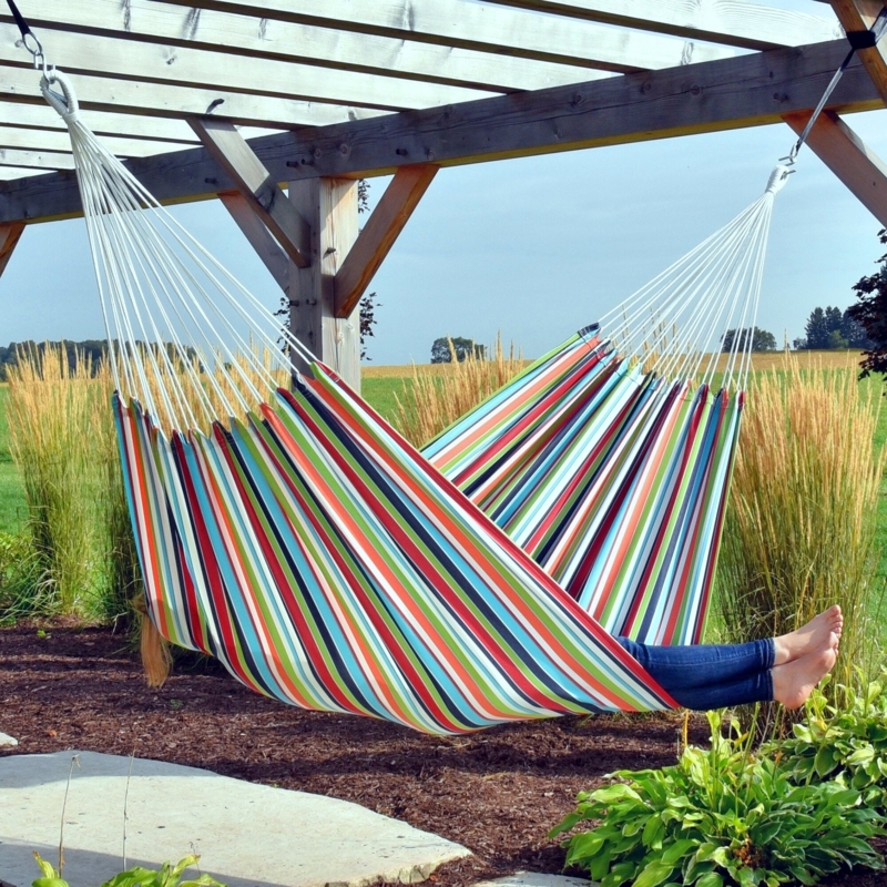 Brazilian Style Blue and Green Striped Hammock with Macrame Fringe