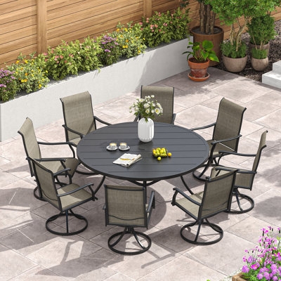 Bronze Patio Dining Set, Round Metal Swivel Chairs, Tan Sling Fabric.