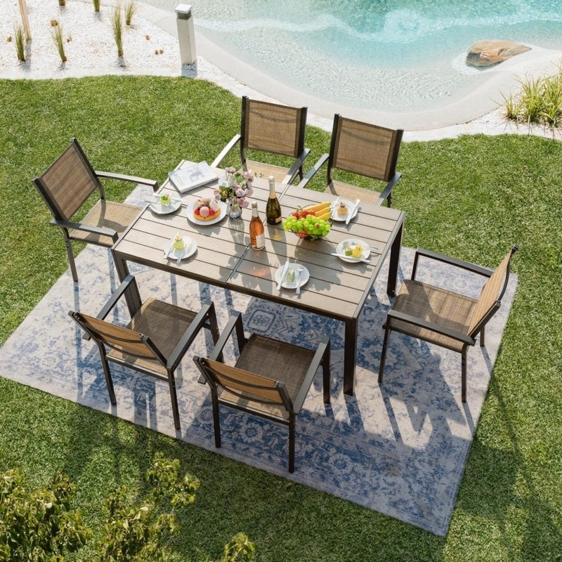 Bronze Steel Outdoor Dining Set 7-Piece Slat Top High-Back Chairs