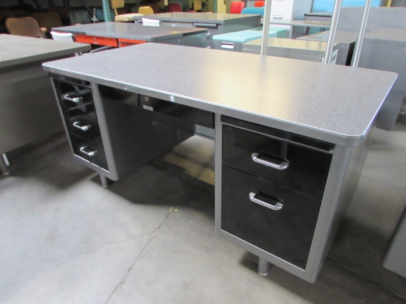 Brushed Steel Writing Desk Tanker Style Double Pedestal Industrial