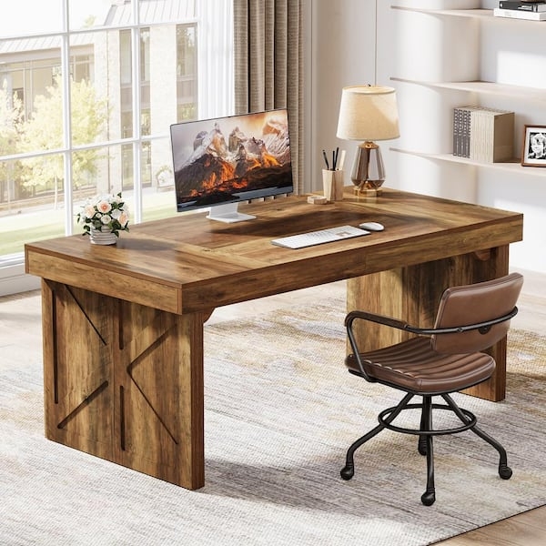BYBLIGHT Capen 63 in. Rectangular Browm Engineered Wood Executive Computer  Desk with Heavy Duty Wood Frame for Home Office BB-JW0940QPED - The Home  Depot
