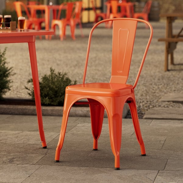 Cafe Chair, Industrial Orange Metal, Vertical Slat Back, Drain Hole