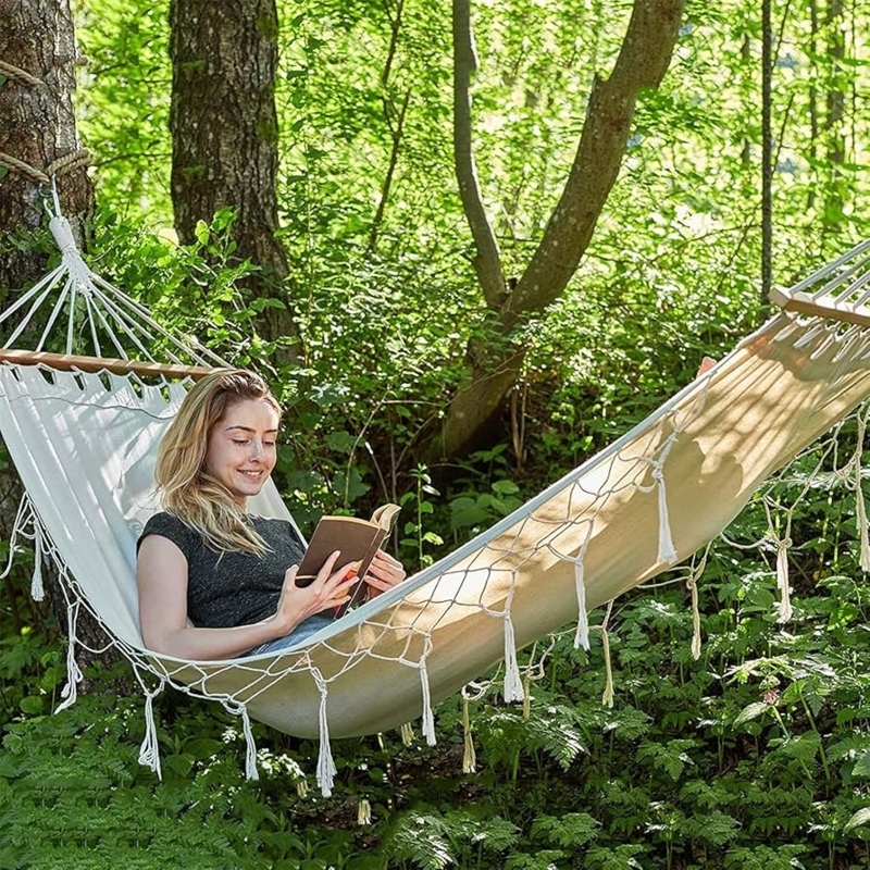 Camping Hammock, Bold Stripes and Fringe Tassels, Portable Garden Gear
