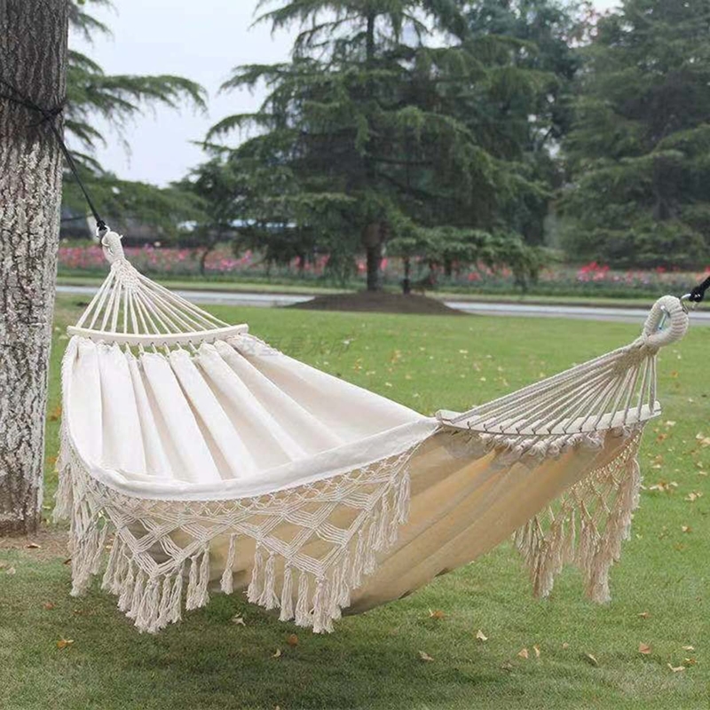 Canvas Hammock with Spreader Bars and Macrame Fringe for Patio Seating