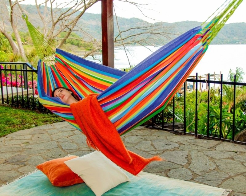 Canvas Hammock with Wood Spreader Bars for Patio Deck Relaxation