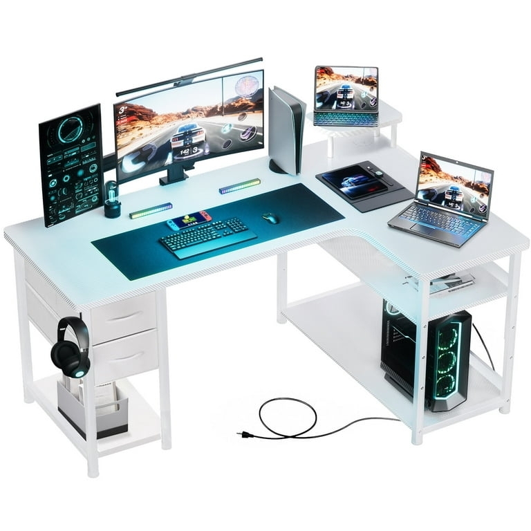 Carbon Fiber Style L-Shaped Gaming Desk with Integrated Storage