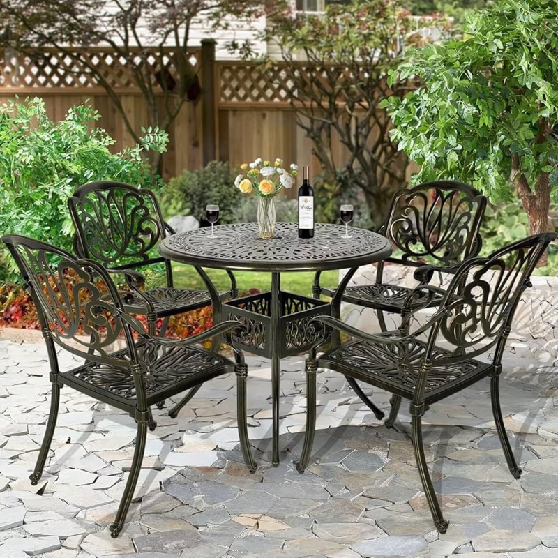 Cast Aluminum Dining Set with Lattice Top and Scroll Back Chairs