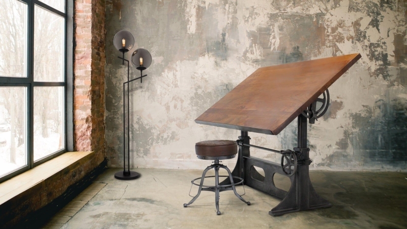 Cast Iron Base Drafting Table, Tilting Wood Top, Crank, Locking Casters